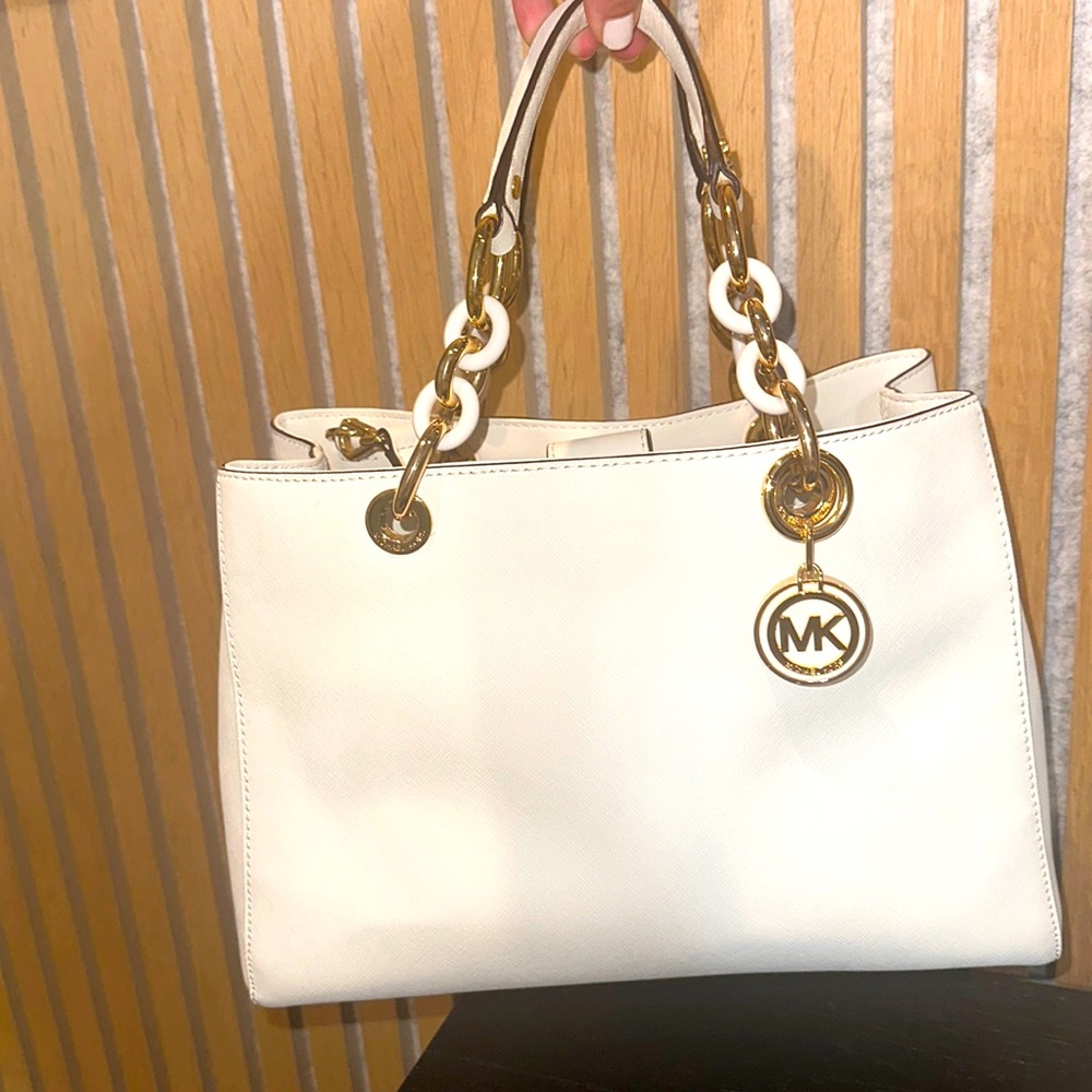 Michael Kors Cynthia Medium Saffiano Leather Satchel, Optic White